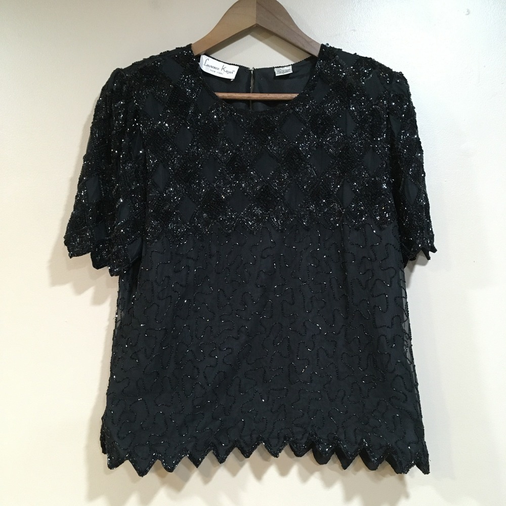 Vtg Laurence Kazar Beaded Sequin Silk Top Women L Black Evening Holiday Witchy